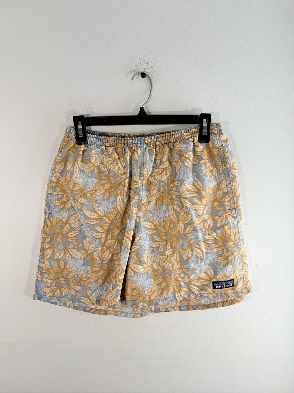 Patagonia Baggies 5” lined Nylon Shorts Blue Tan Leaf Print Men Small